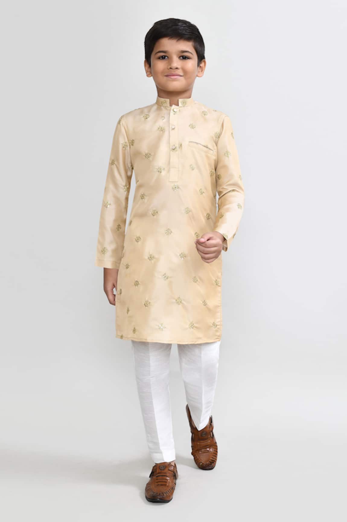 Petite Pomme Beige Zari Work Kurta & White Pant Set 