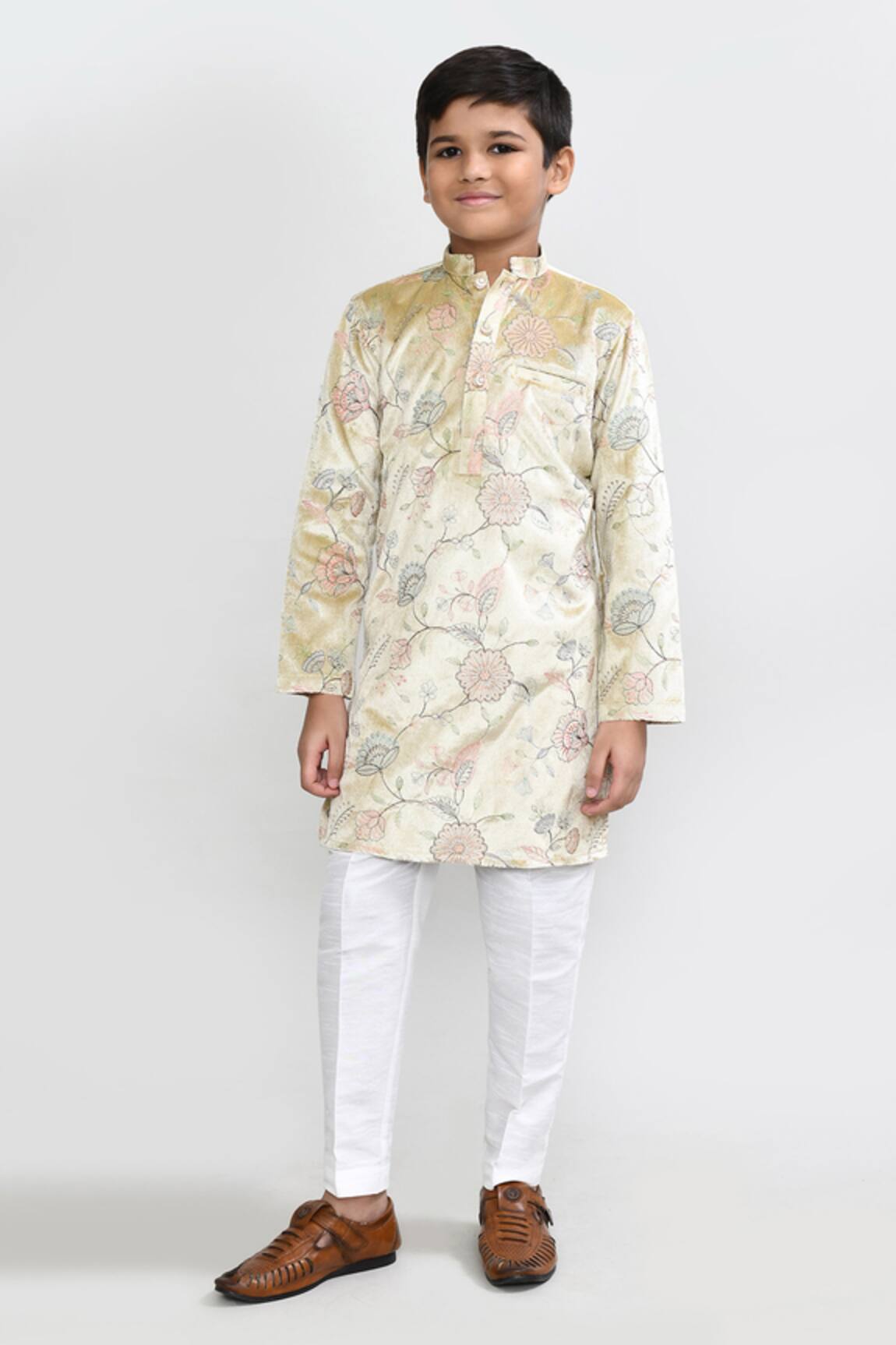 Petite Pomme Golden Velvet Kurta & White Pant Set 