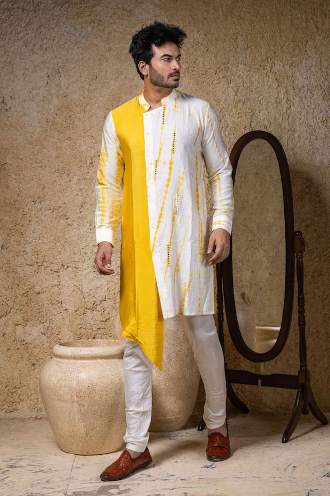 Priyanka Haralalka Yellow Mirrow Work Kurta & Pant Set