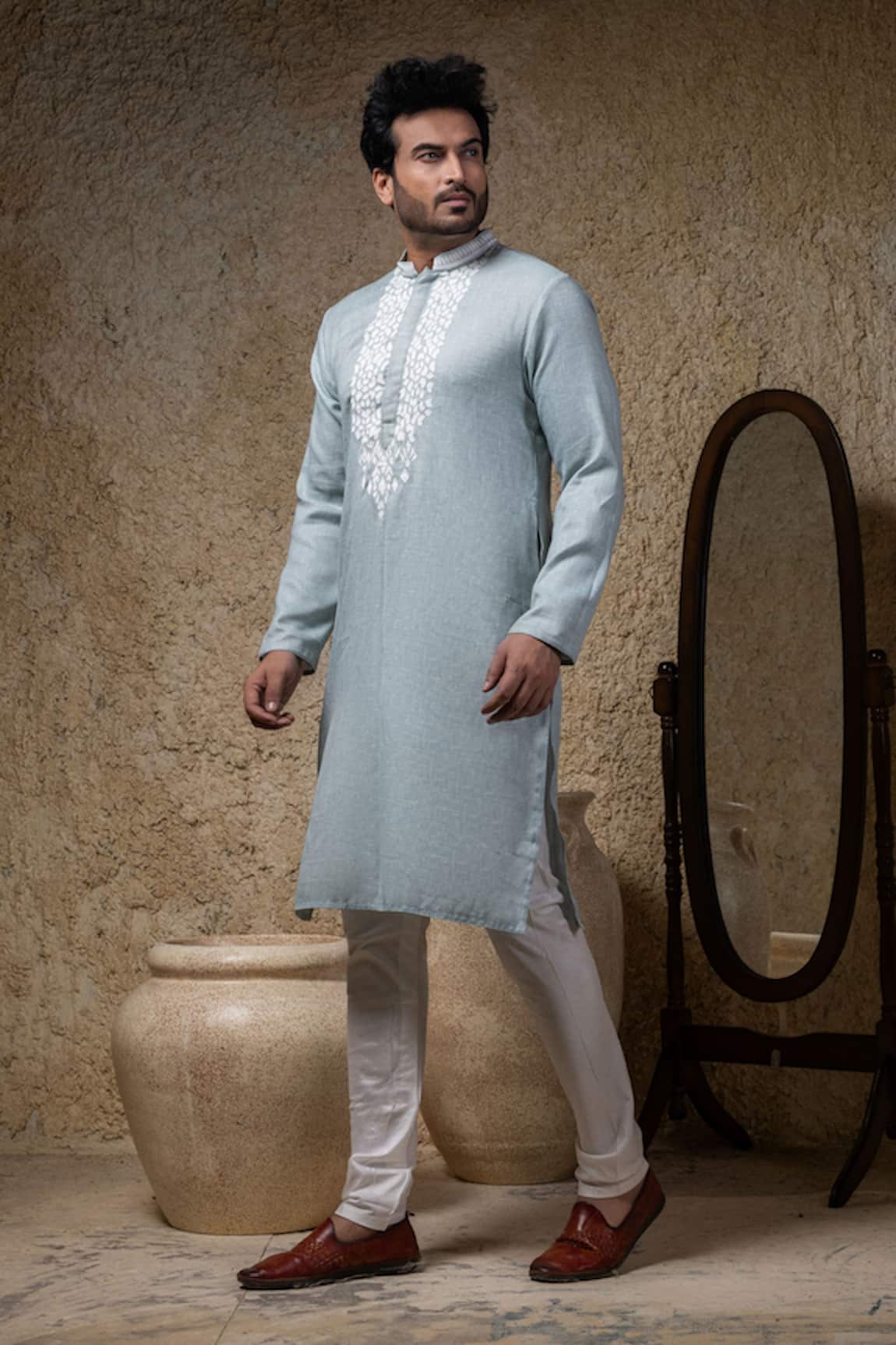 Priyanka Haralalka Sea Blue Applique Embroidered Kurta Set