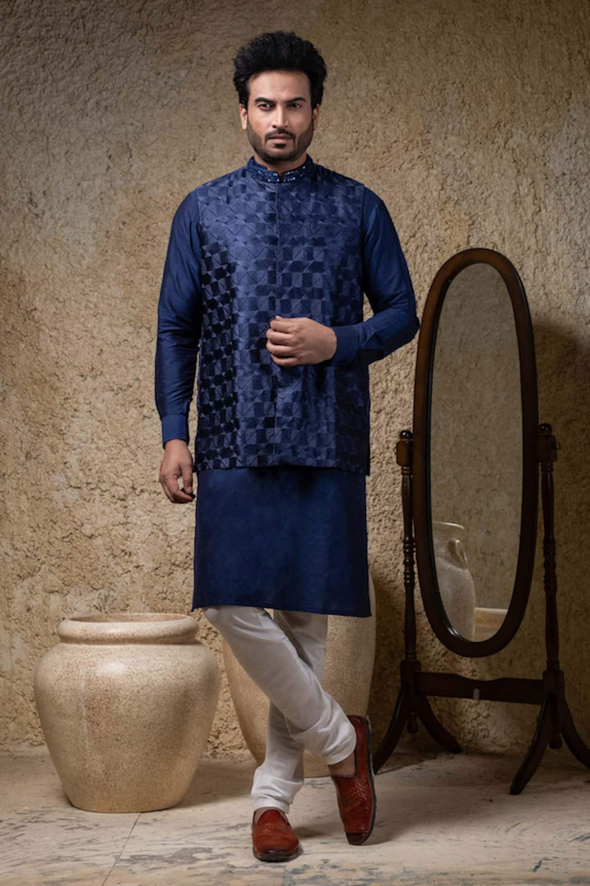 Priyanka Haralalka Navy Blue Embroidered Nehru Jacket Set