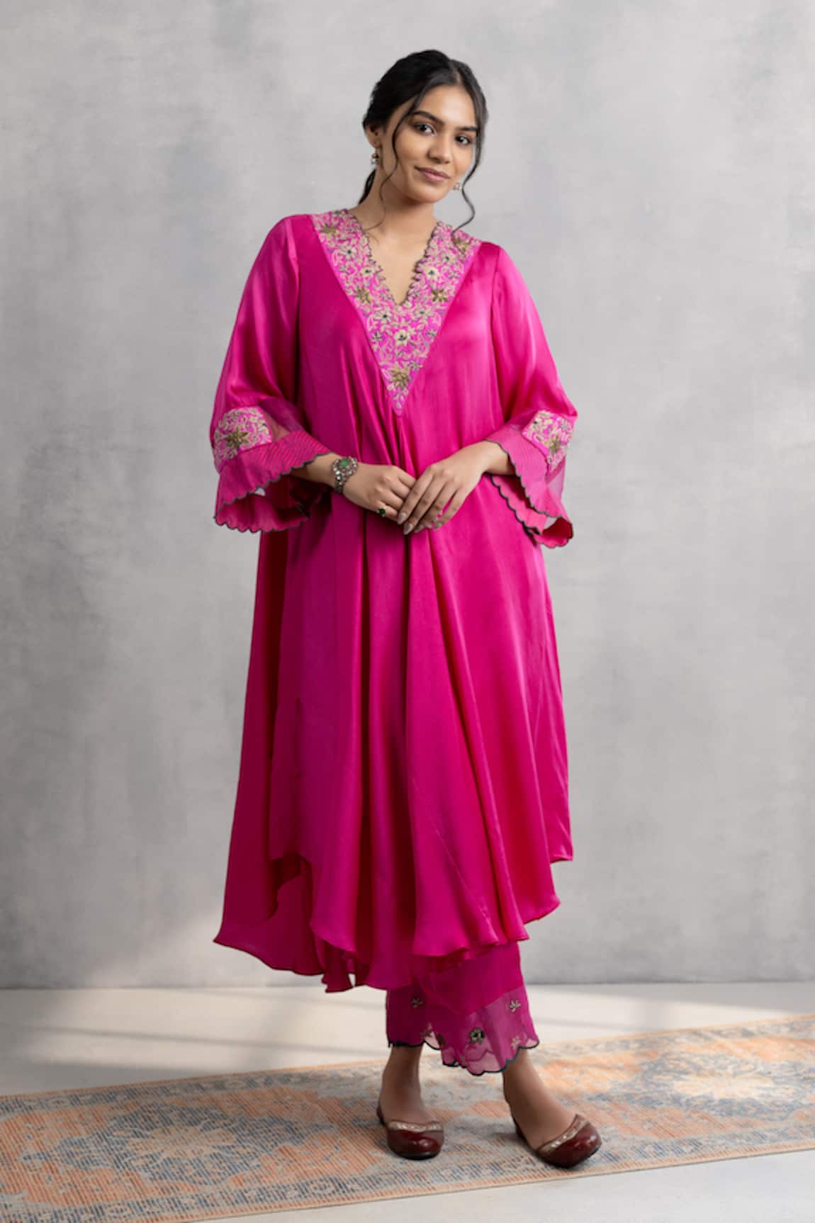 Neelu And Manvi Pink Satin Hand Embroidered Kurta Set
