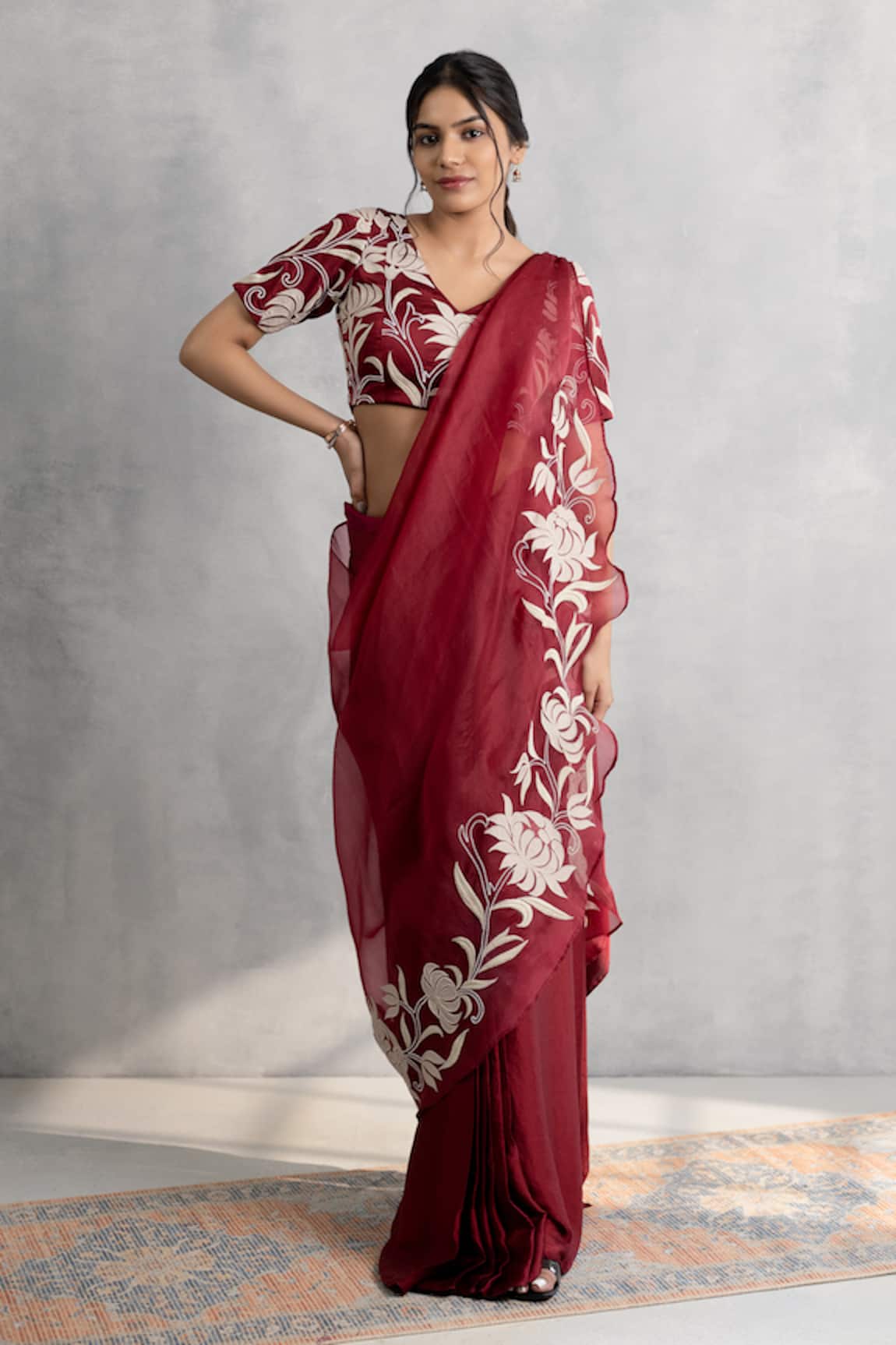 Neelu And Manvi Maroon Applique Embroidered Saree Set