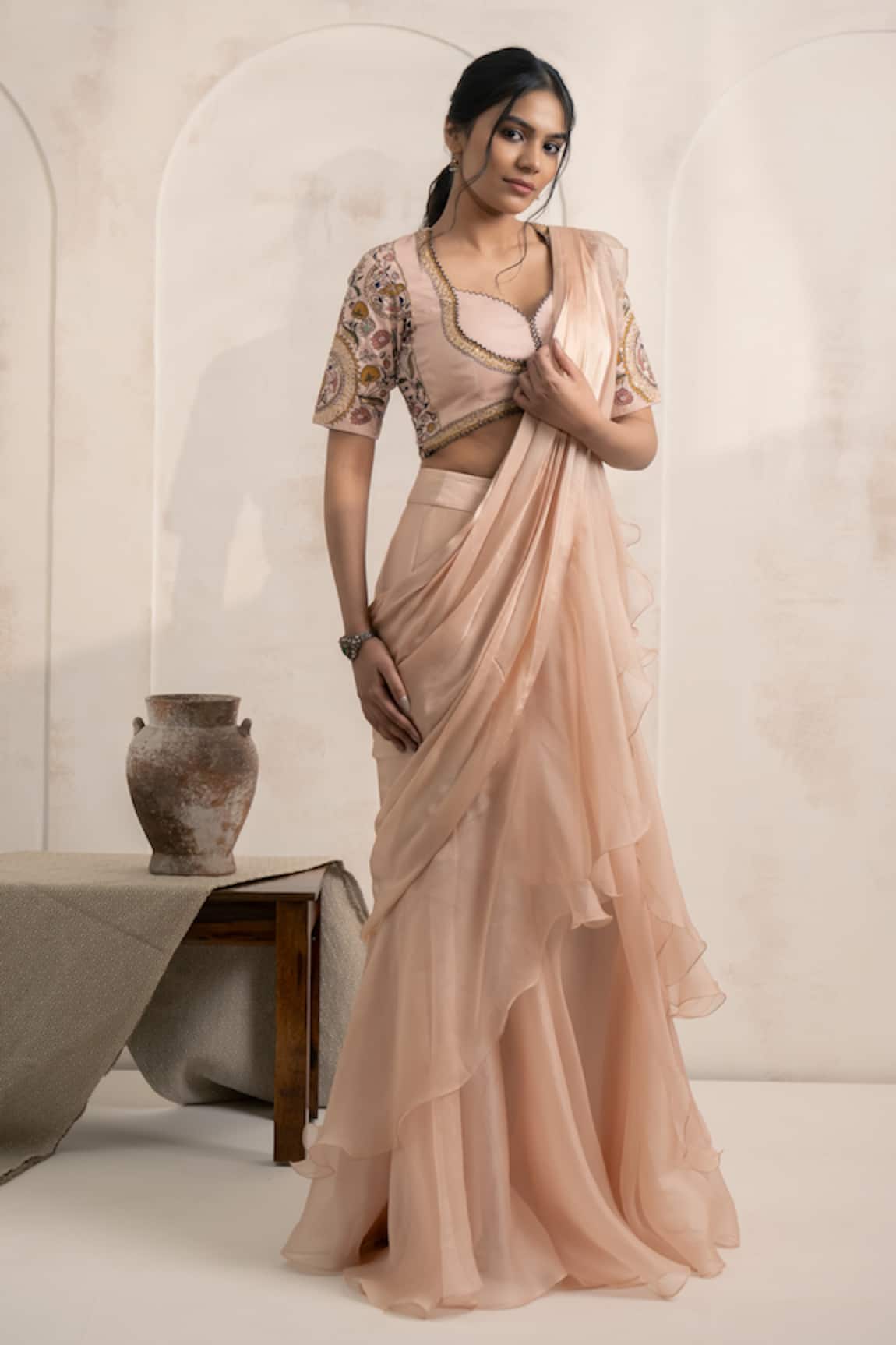 Neelu And Manvi Ruffled Pre-Draped Pink Saree With Blouse