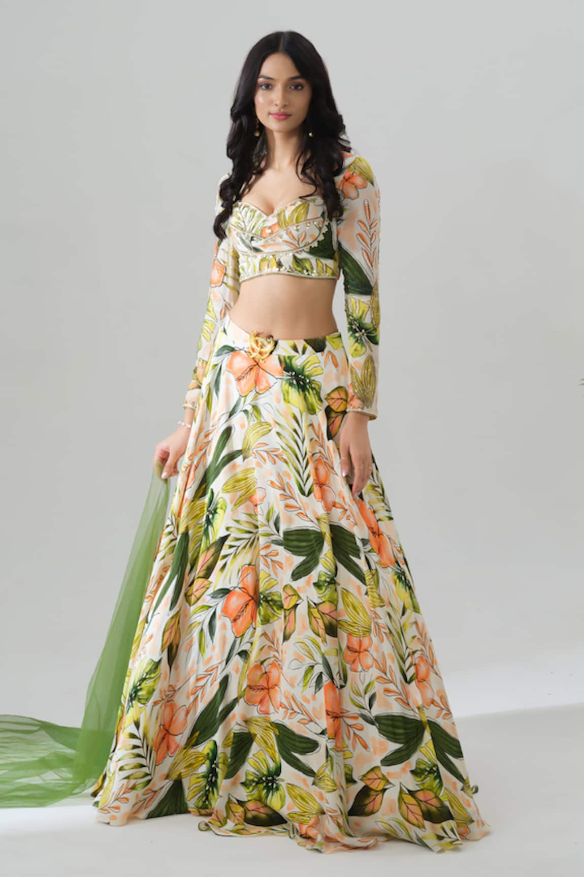House Of Akshata Tropical Sheer Green Lehenga Set 
