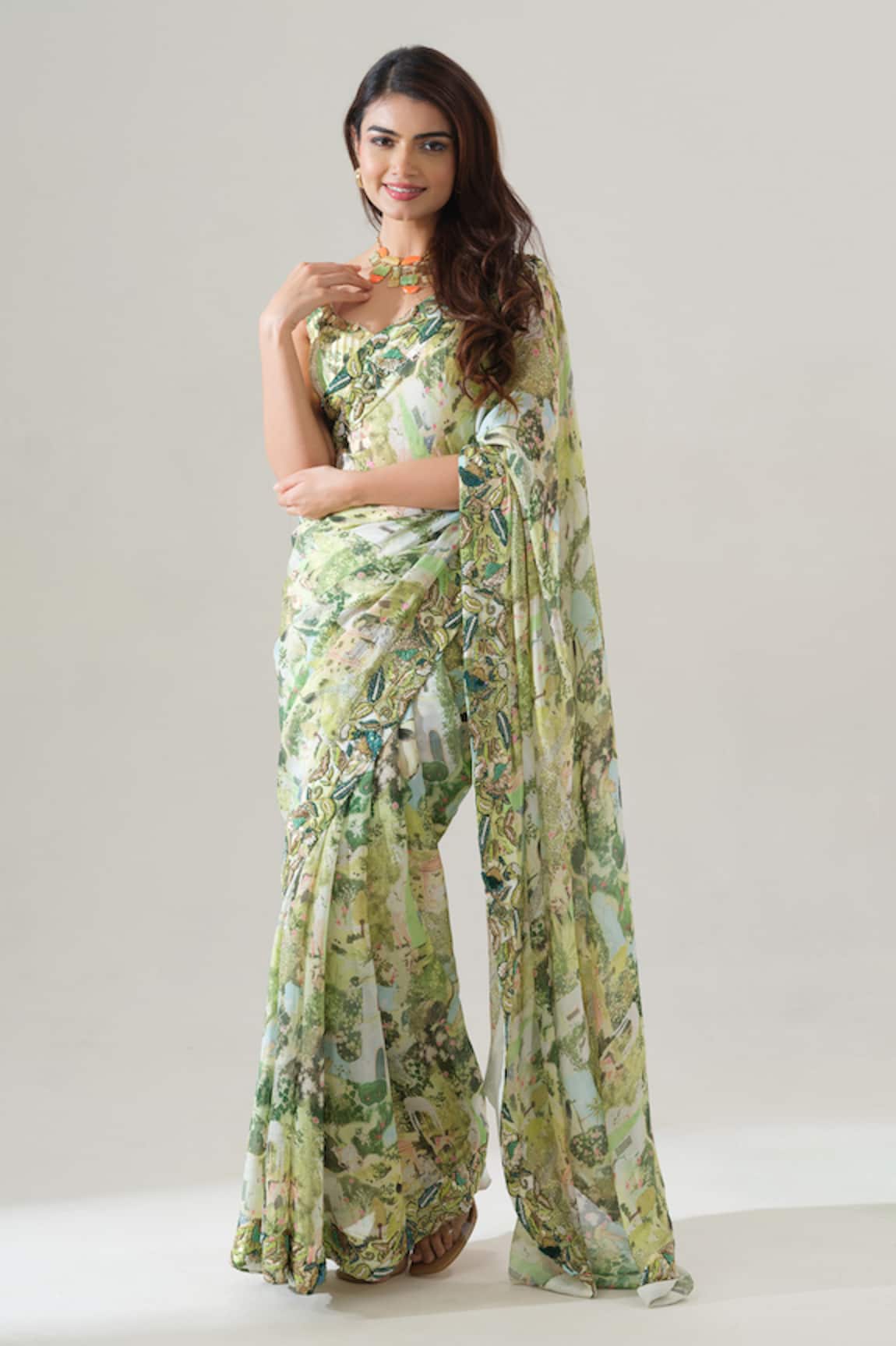 House Of Akshata Hand Embroidered Green Saree Set 