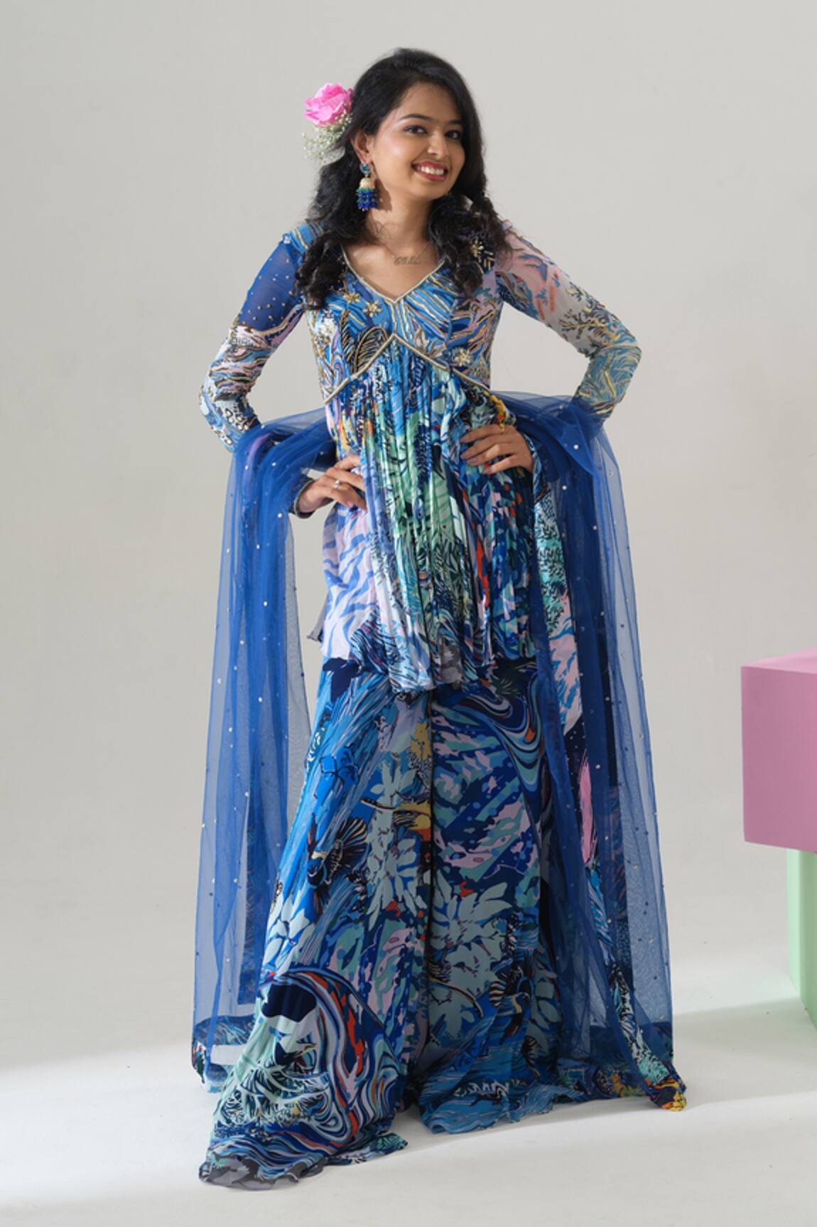 House Of Akshata Midnight Bloom Peplum Set 