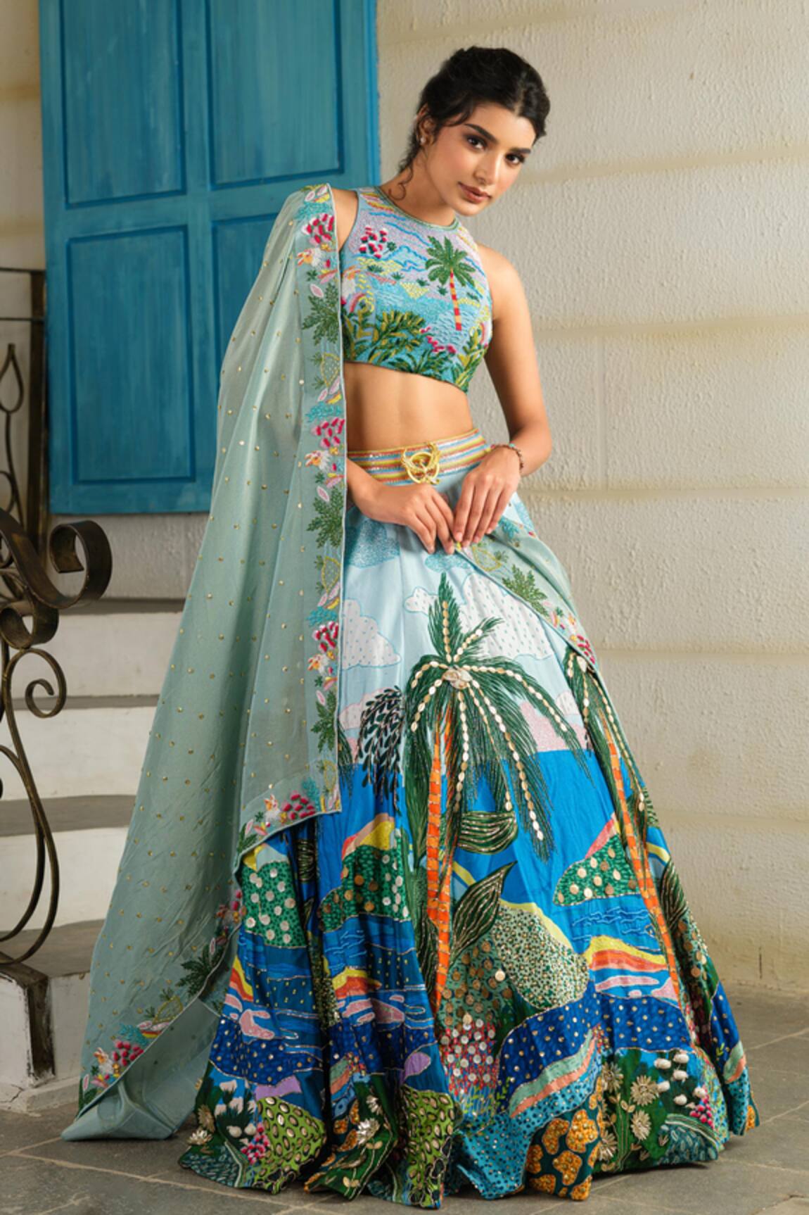 House Of Akshata Beach Print Embellished Lehenga Set 