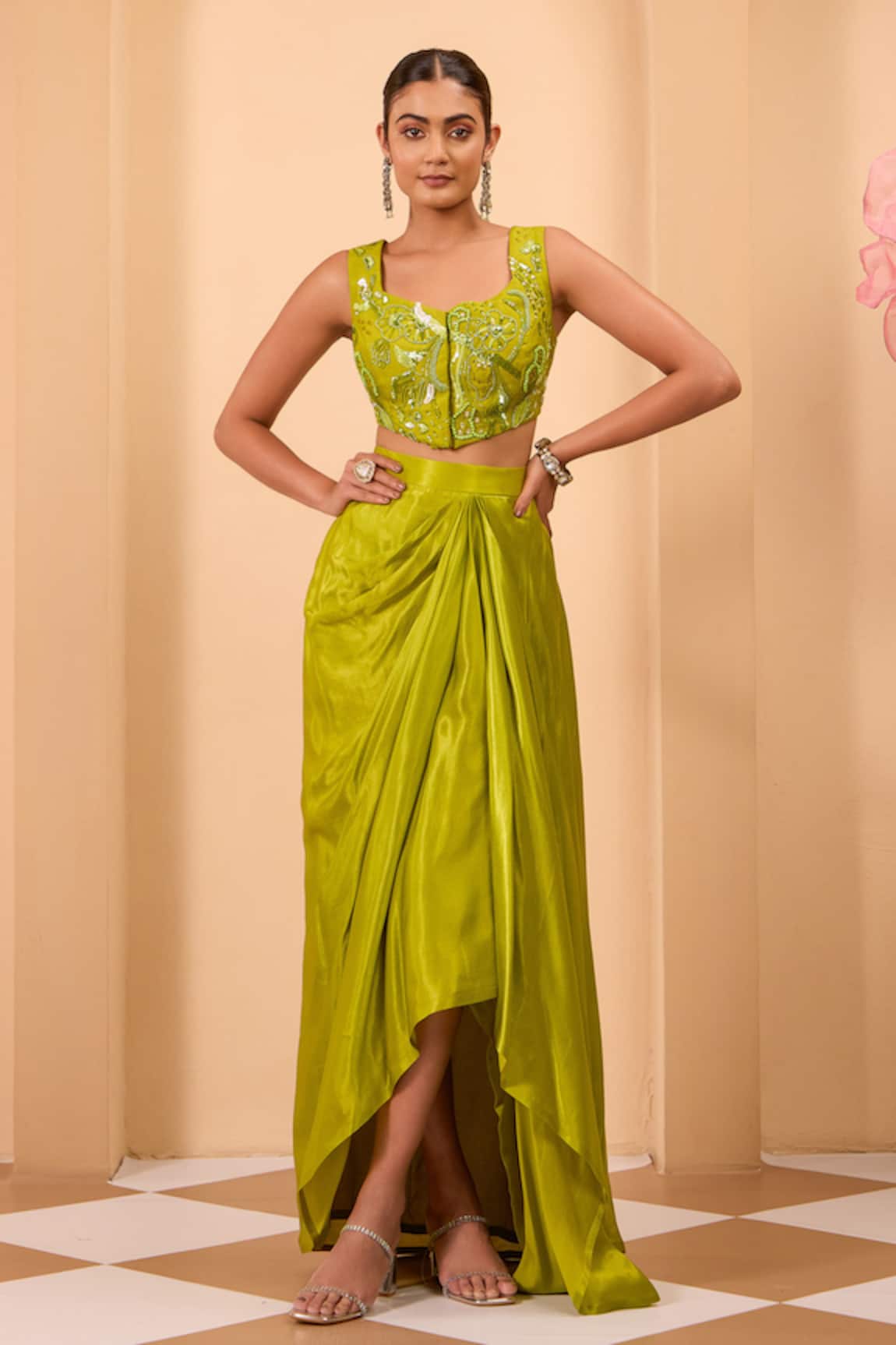 One Knot One By Ashna Green Silk Embroidered Blouse & Draped Skirt 