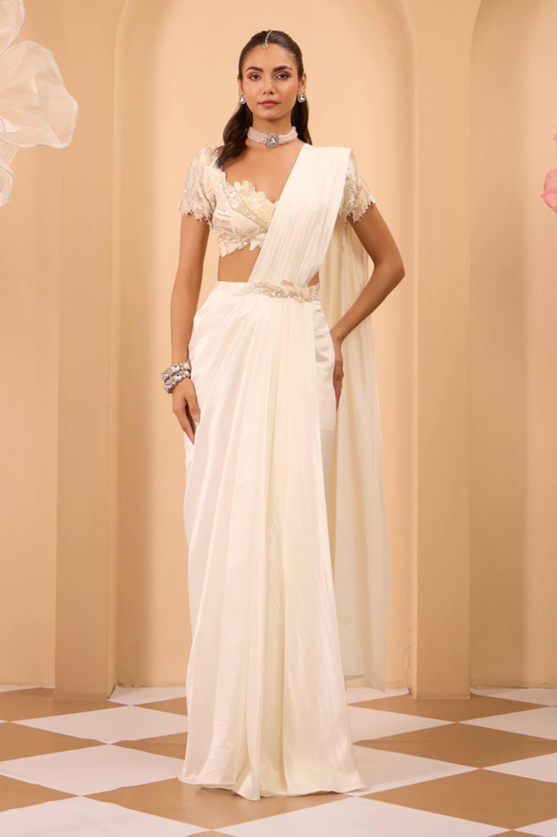 One Knot One By Ashna Ivory Organza Blouse & Drape Saree Set 