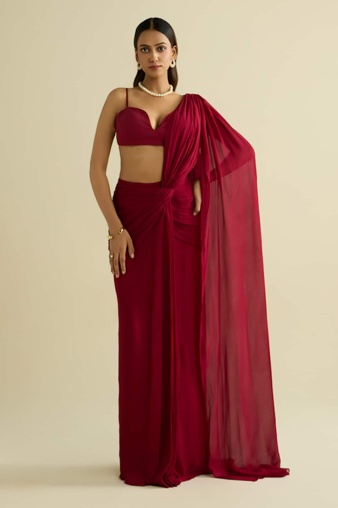 Meesa Maroon Pre-Draped Georgette Saree Set 