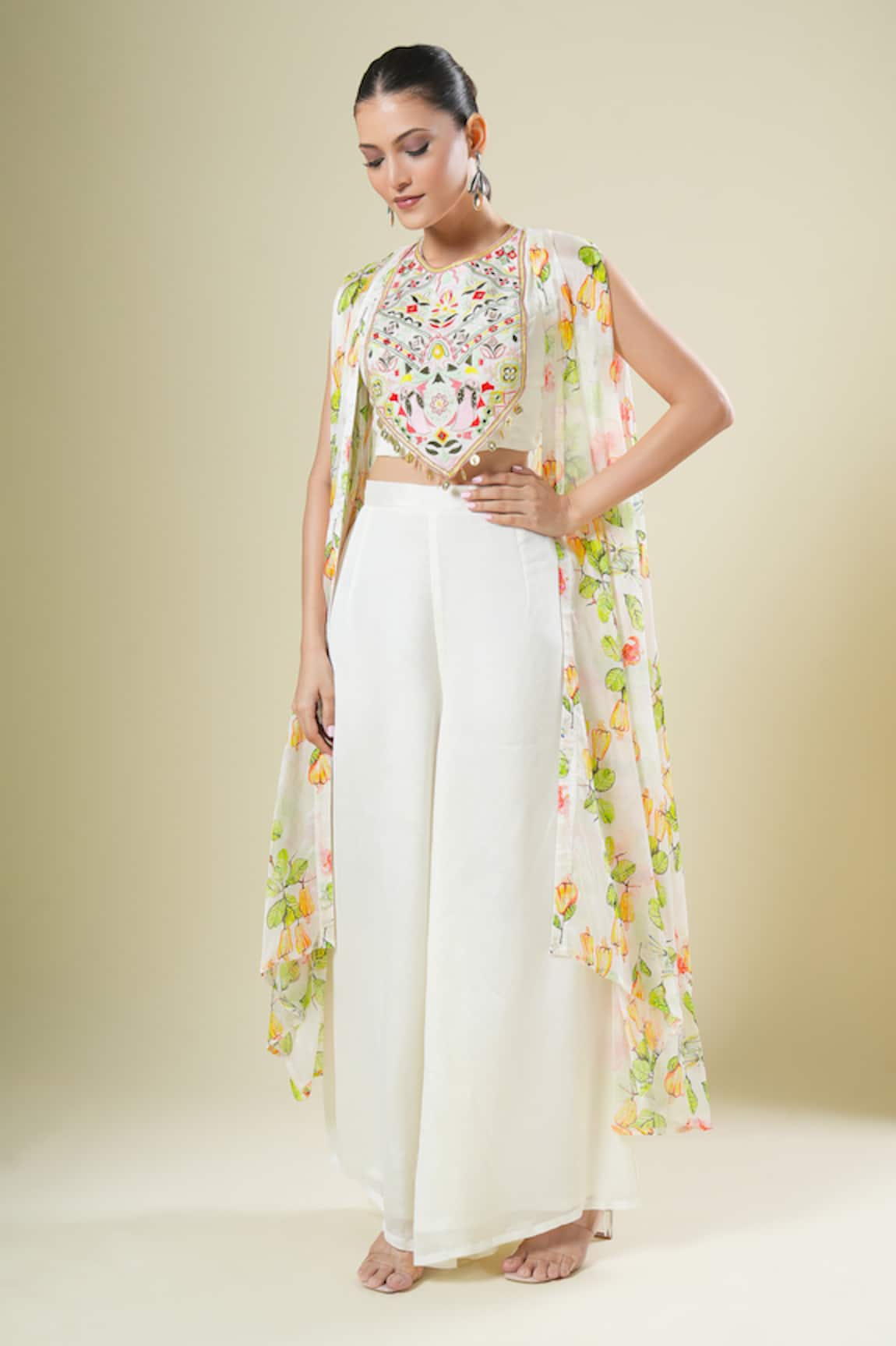 Samyukta Singhania Embroidered Off White Blouse & Palazzo Set 