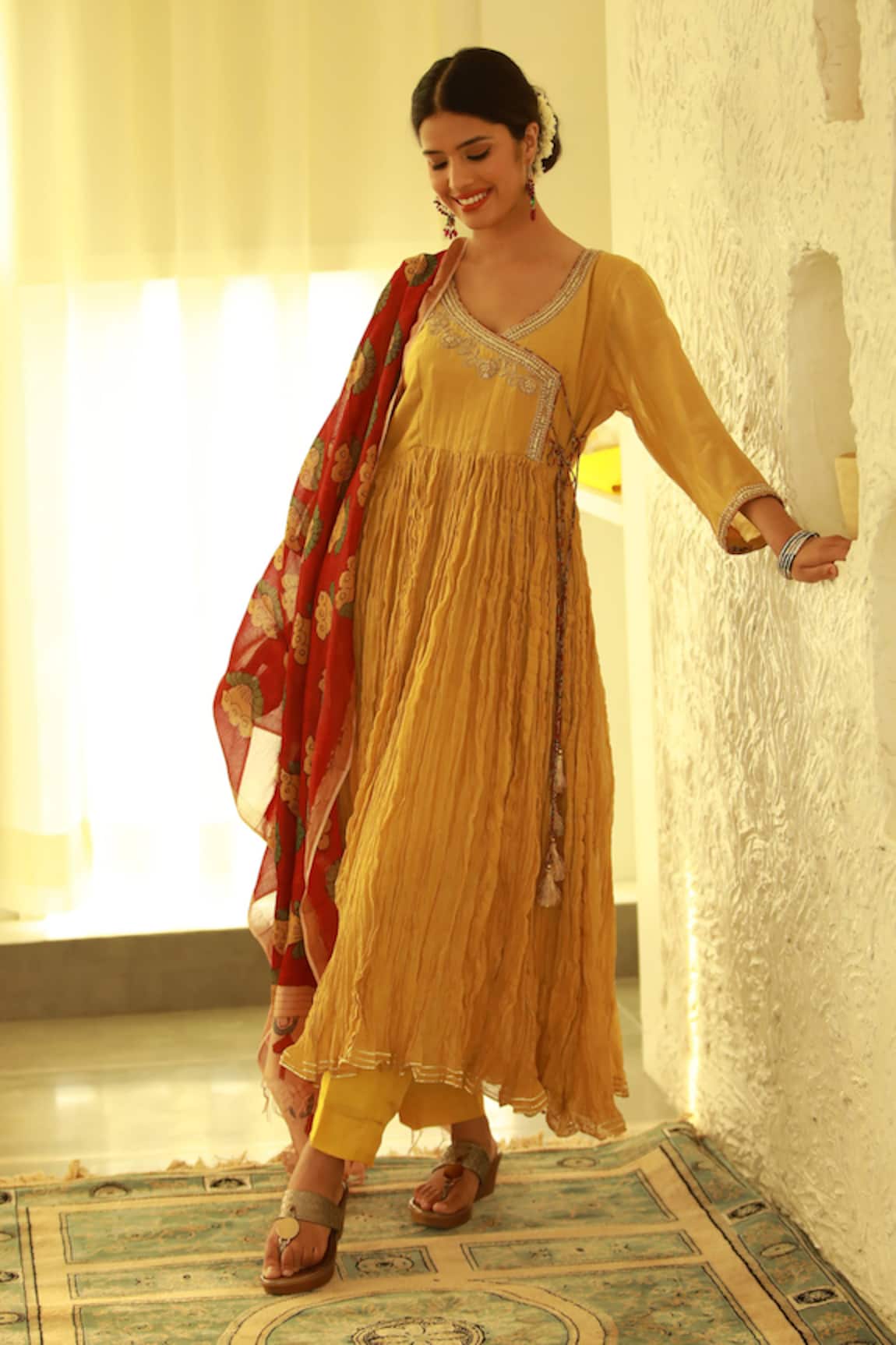 Sonali Methi Yellow Red Hand Embroidered Angarkha Set 