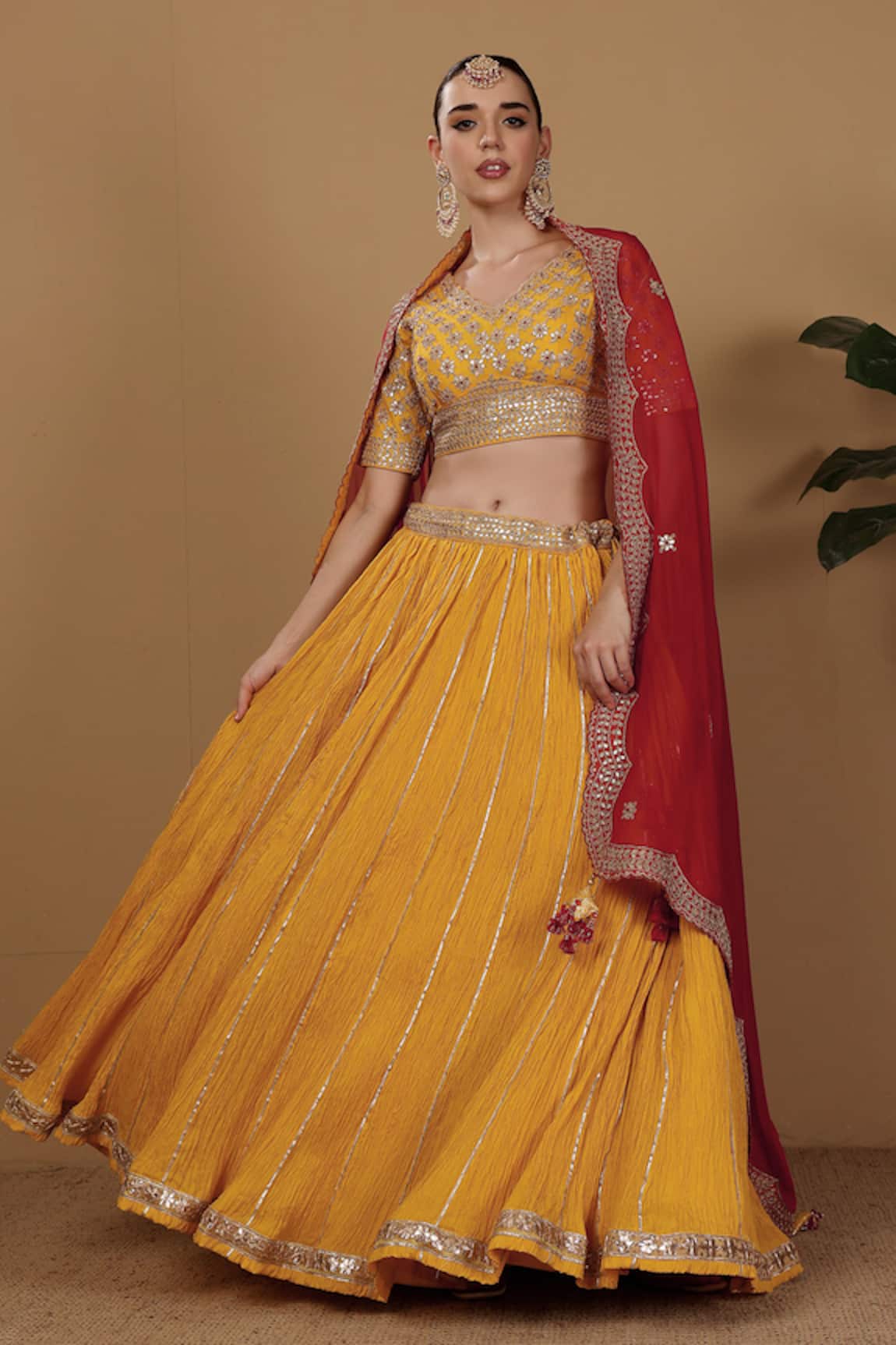 Sonali Methi Red Yellow Hand Embroidered Lehenga Set 