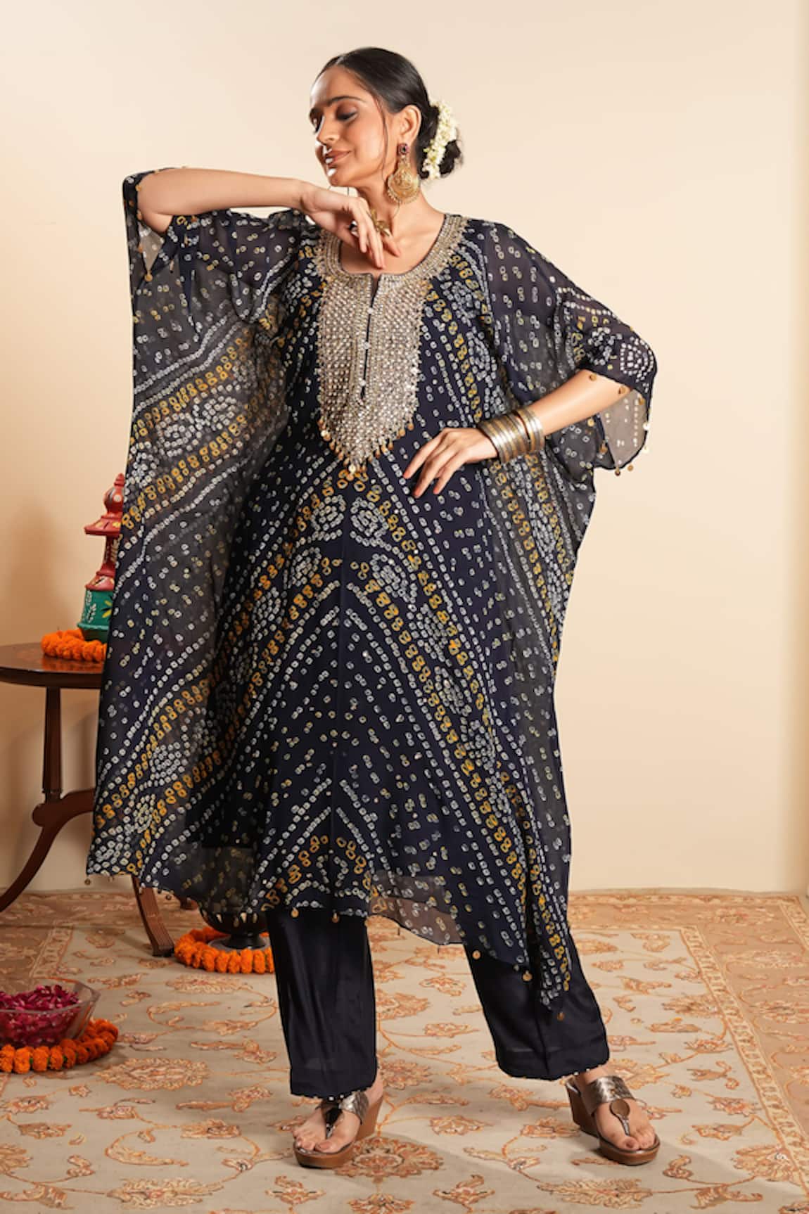 Sonali Methi Navy Blue Bandhani Kaftan & Sharara Set 