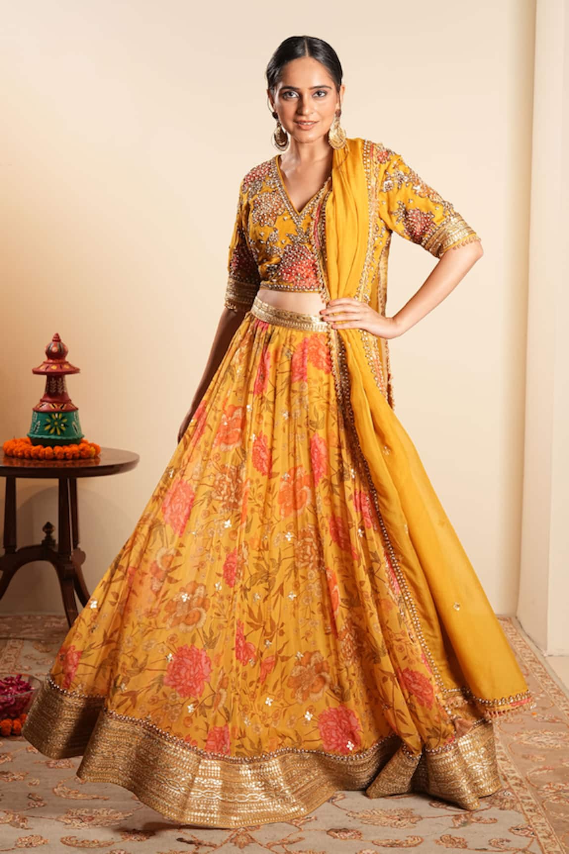 Sonali Methi Yellow Hand Embroidered Lehenga Set 