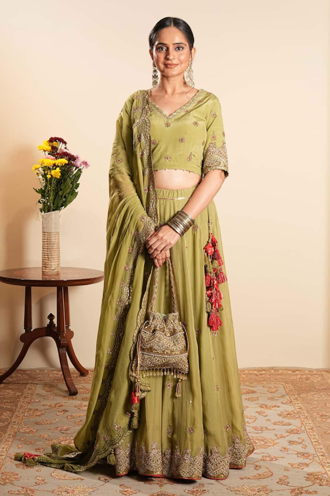 Sonali Methi Olive Green Hand Embroidered Lehenga Set 