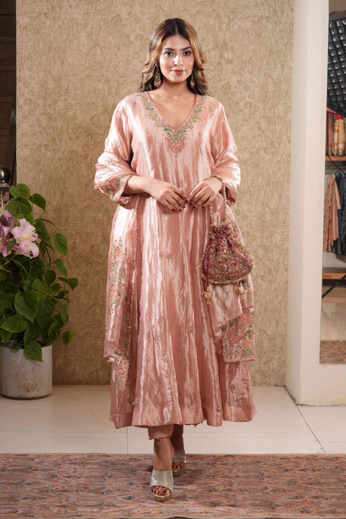Sonali Methi Peach Tissue Embroidered Anarkali Set 