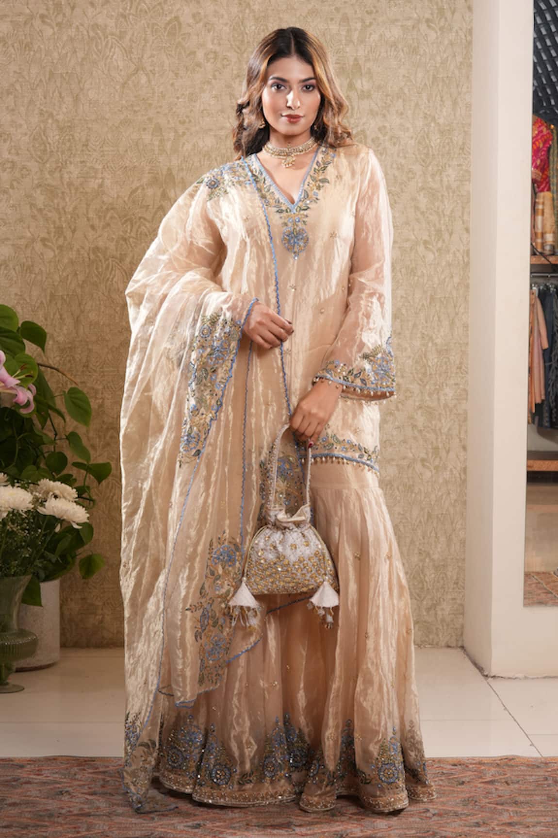 Sonali Methi Golden Tissue Embroidered Sharara Set 
