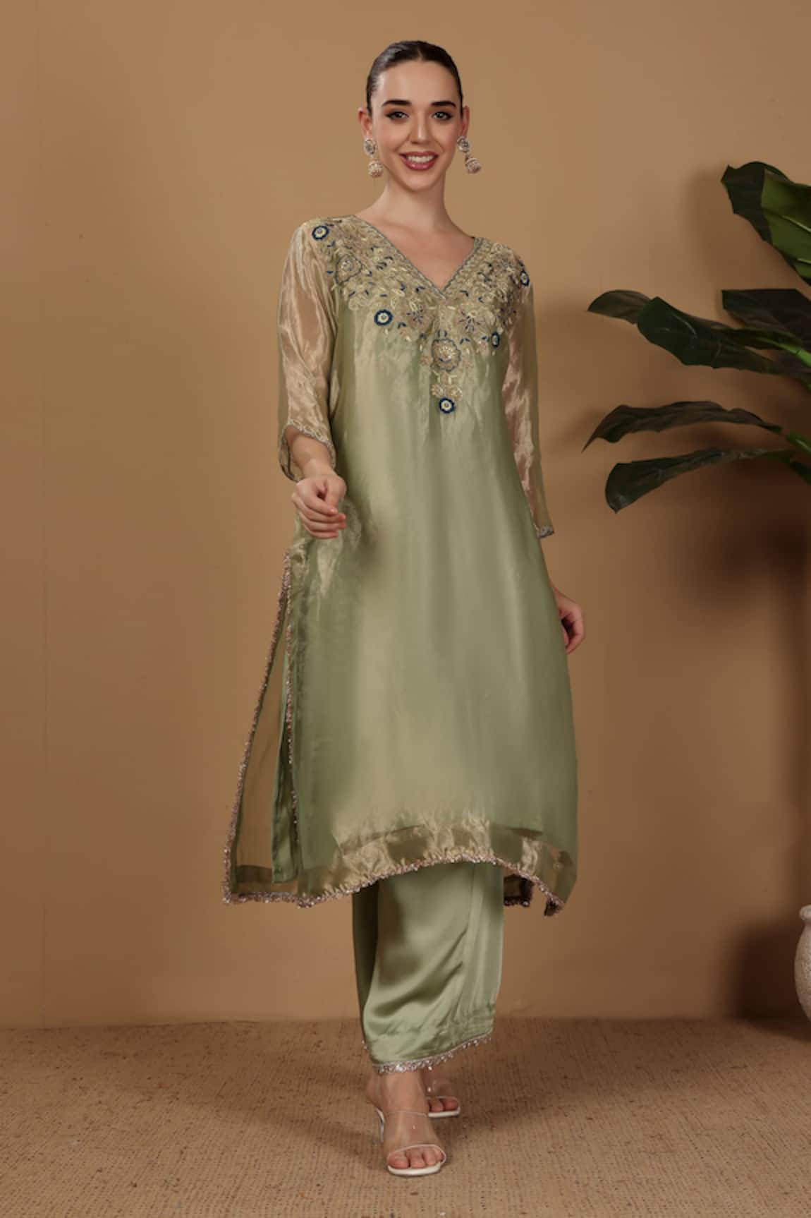 Sonali Methi Green Hand Embroidered Kurta Pant Set 