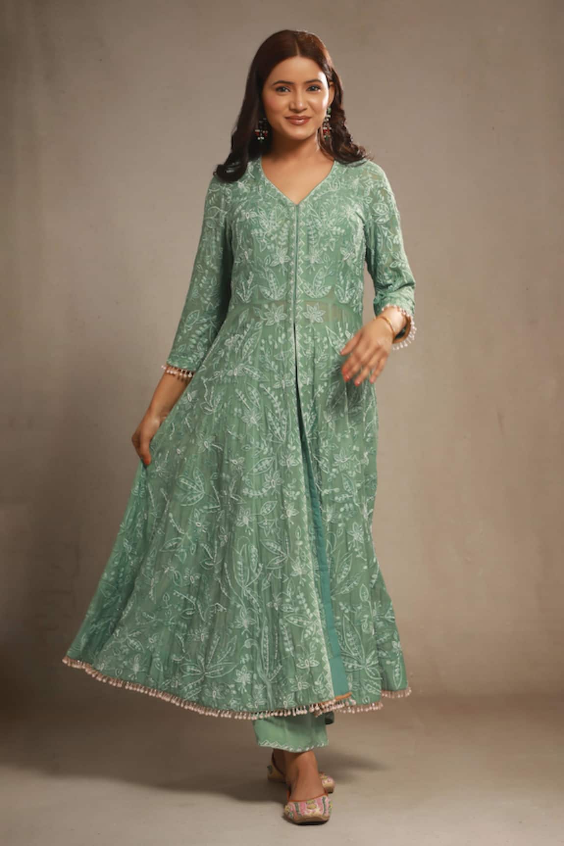 Sonali Methi Sage Green Chanderi Anarkali Set 