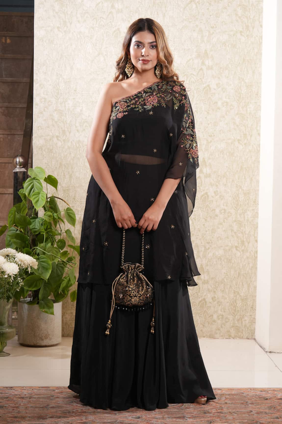 Sonali Methi Black Off-Shoulder Tunic & Sharara Set 