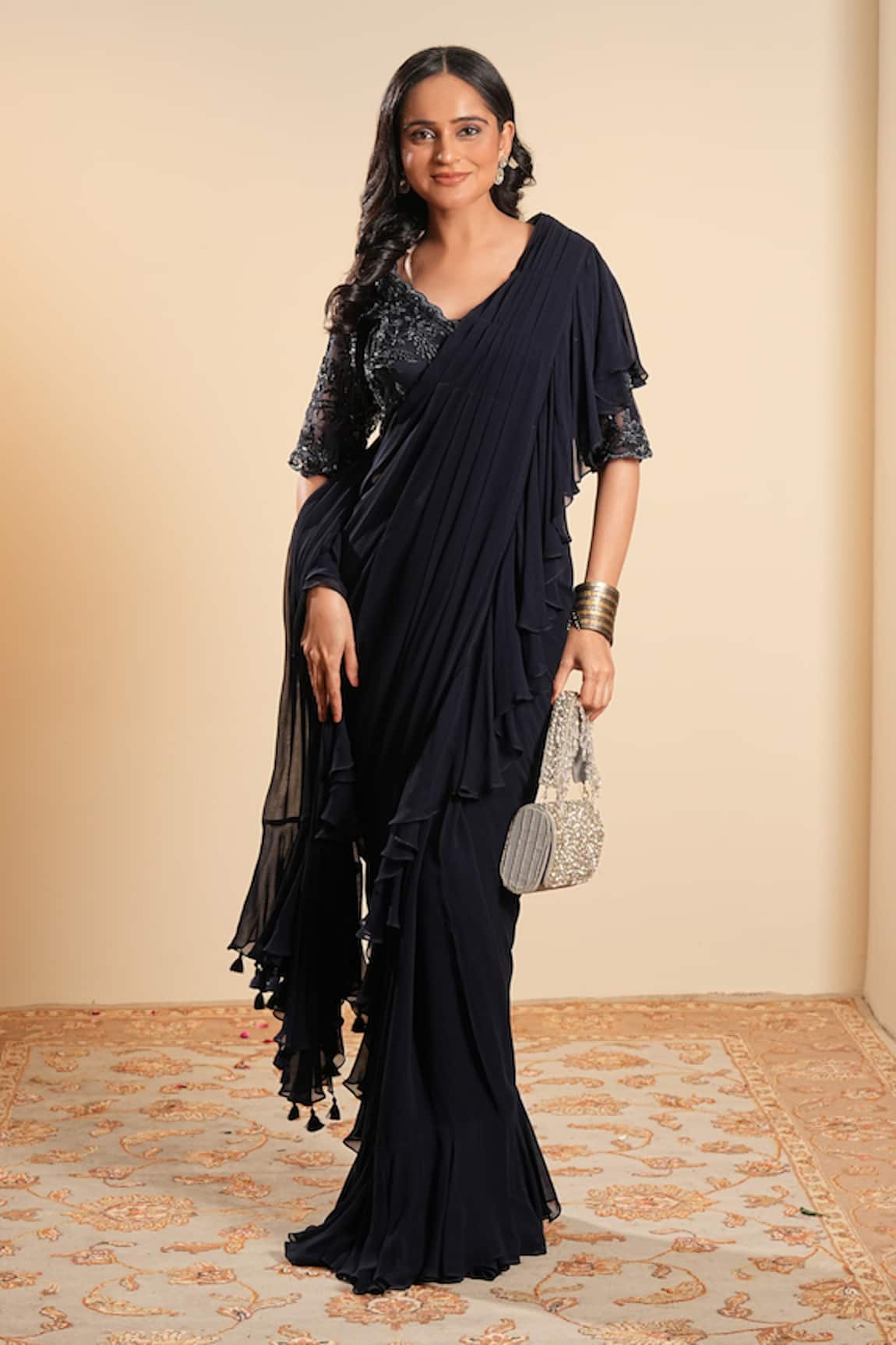 Sonali Methi Navy Blue Hand Embroidered Pre-Draped Saree With Blouse 