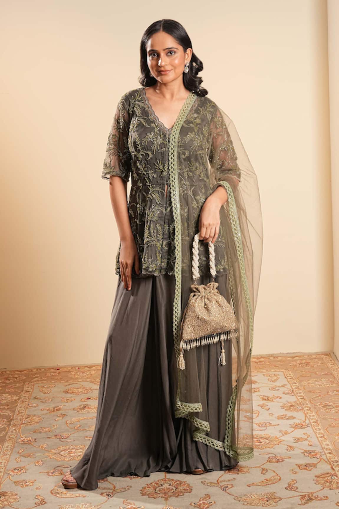 Sonali Methi Olive Green Embroidered Kurta Sharara Set 