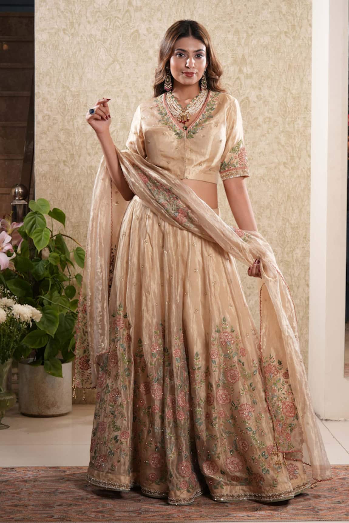 Sonali Methi Golden Tissue Embroidered Lehenga Set 