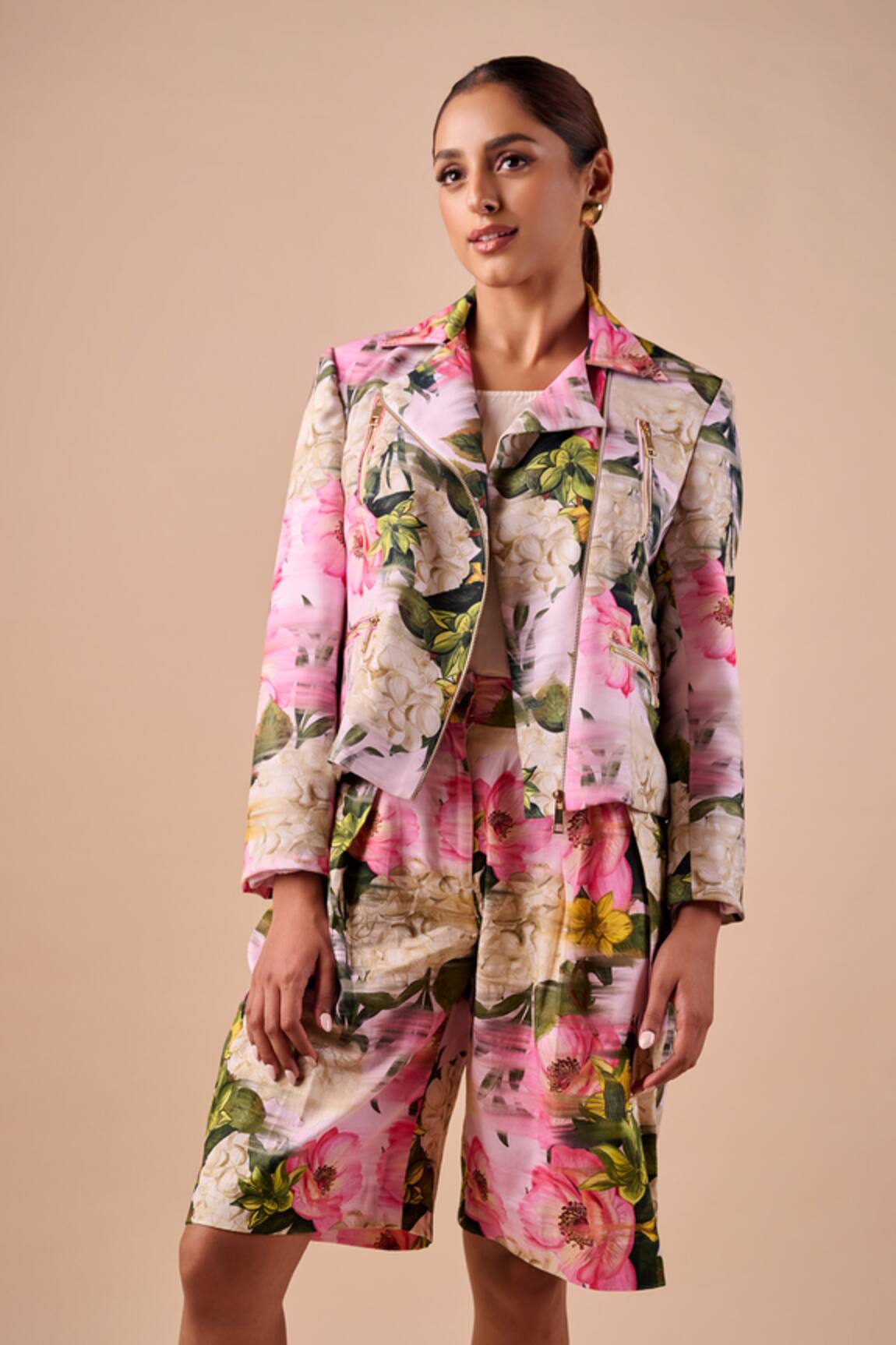 Shriya Som Multi Floral Smudge Biker Jacket