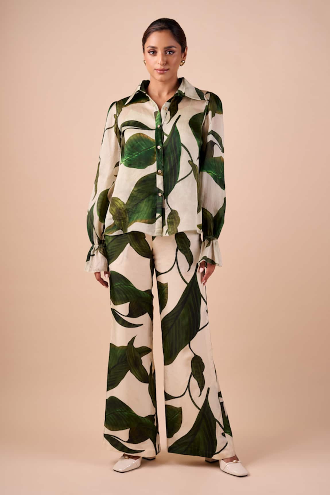 Shriya Som Green Leaf Print Organza Shirt 