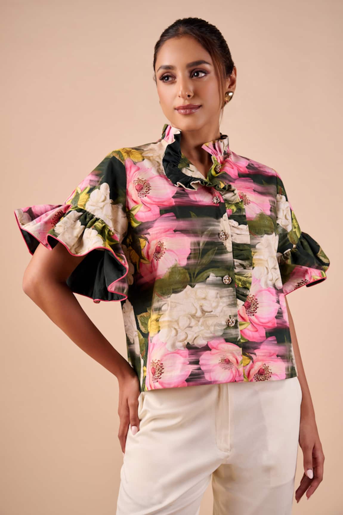 Shriya Som Multi Floral Smudge Ruffle Shirt 
