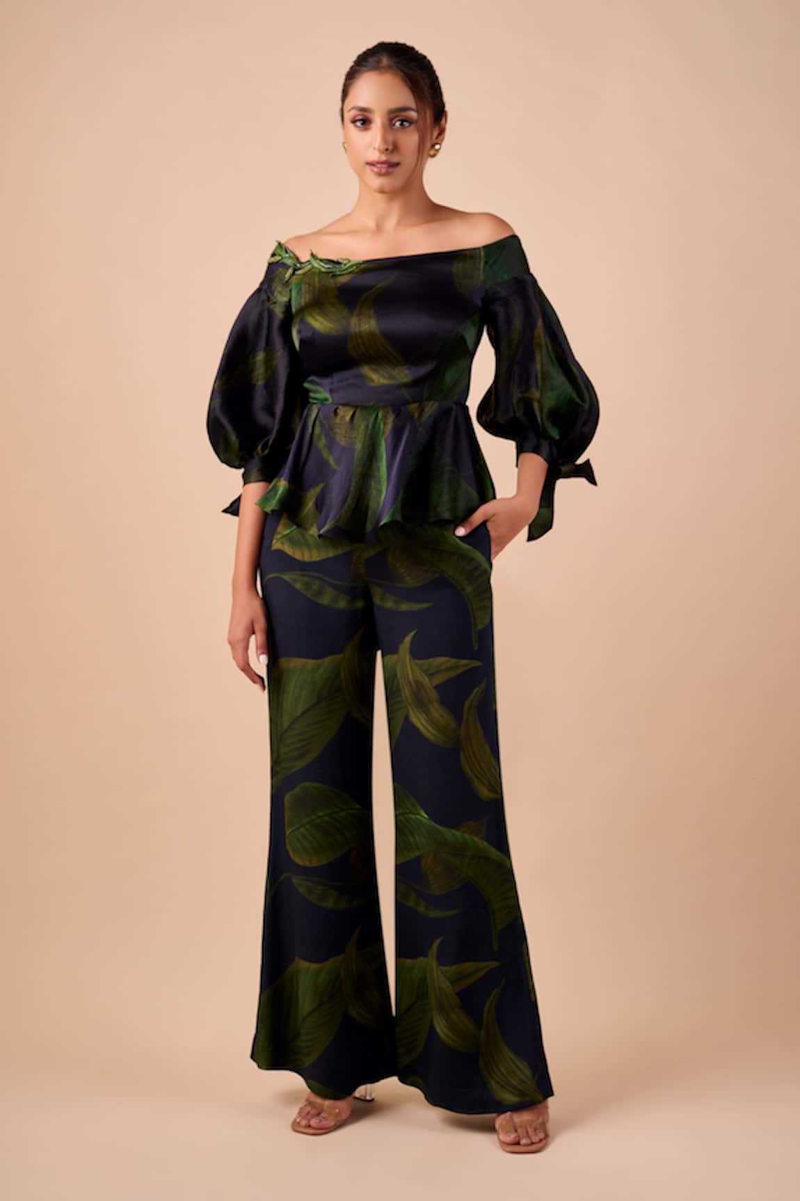 Shriya Som Leaf Print Flared Silk Pant 