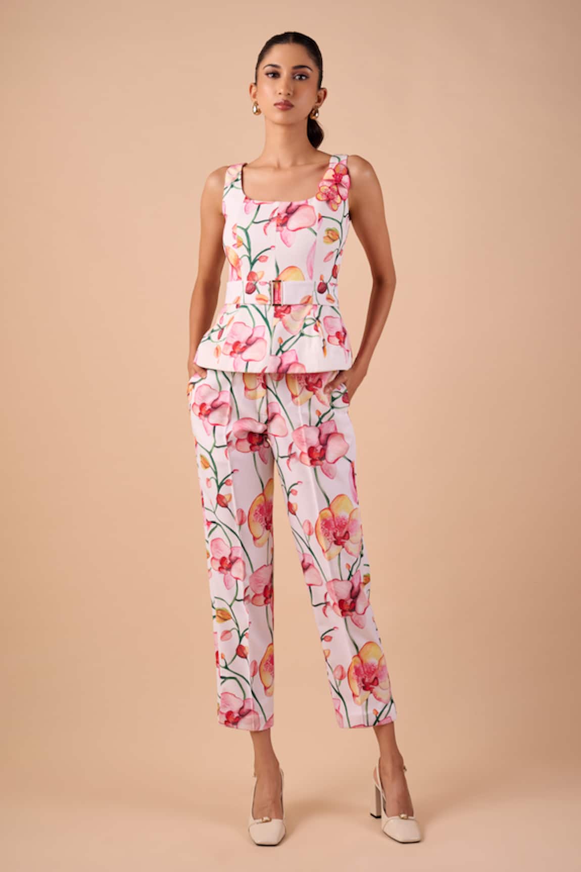 Shriya Som Pink Orchid Print Top With Belt 