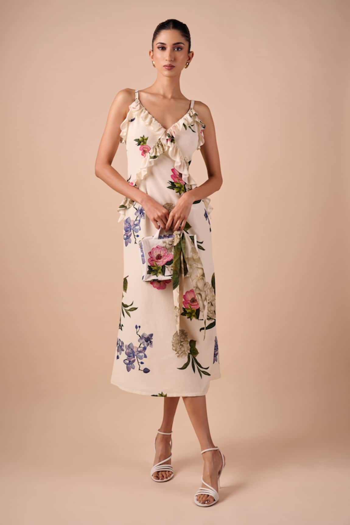 Shriya Som Multi Floral Ruffle Slip Dress 