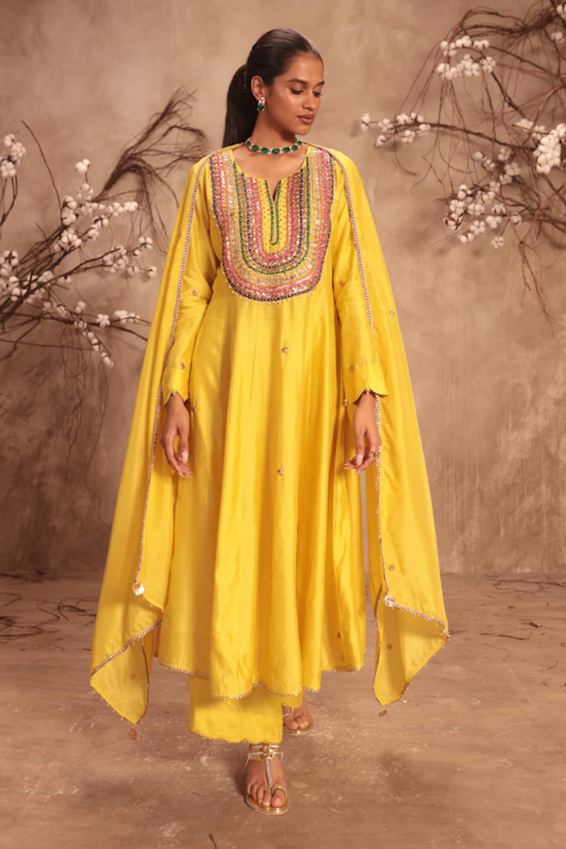 Label Niti Bothra Yellow Mirror Embroidered Kalidar Set 