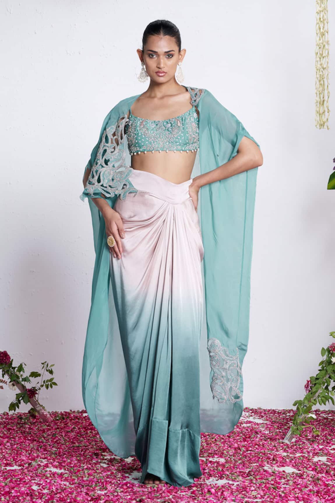 Amrta By Guneet Kondal Sky Blue Cutwork Cape & Skirt Set 