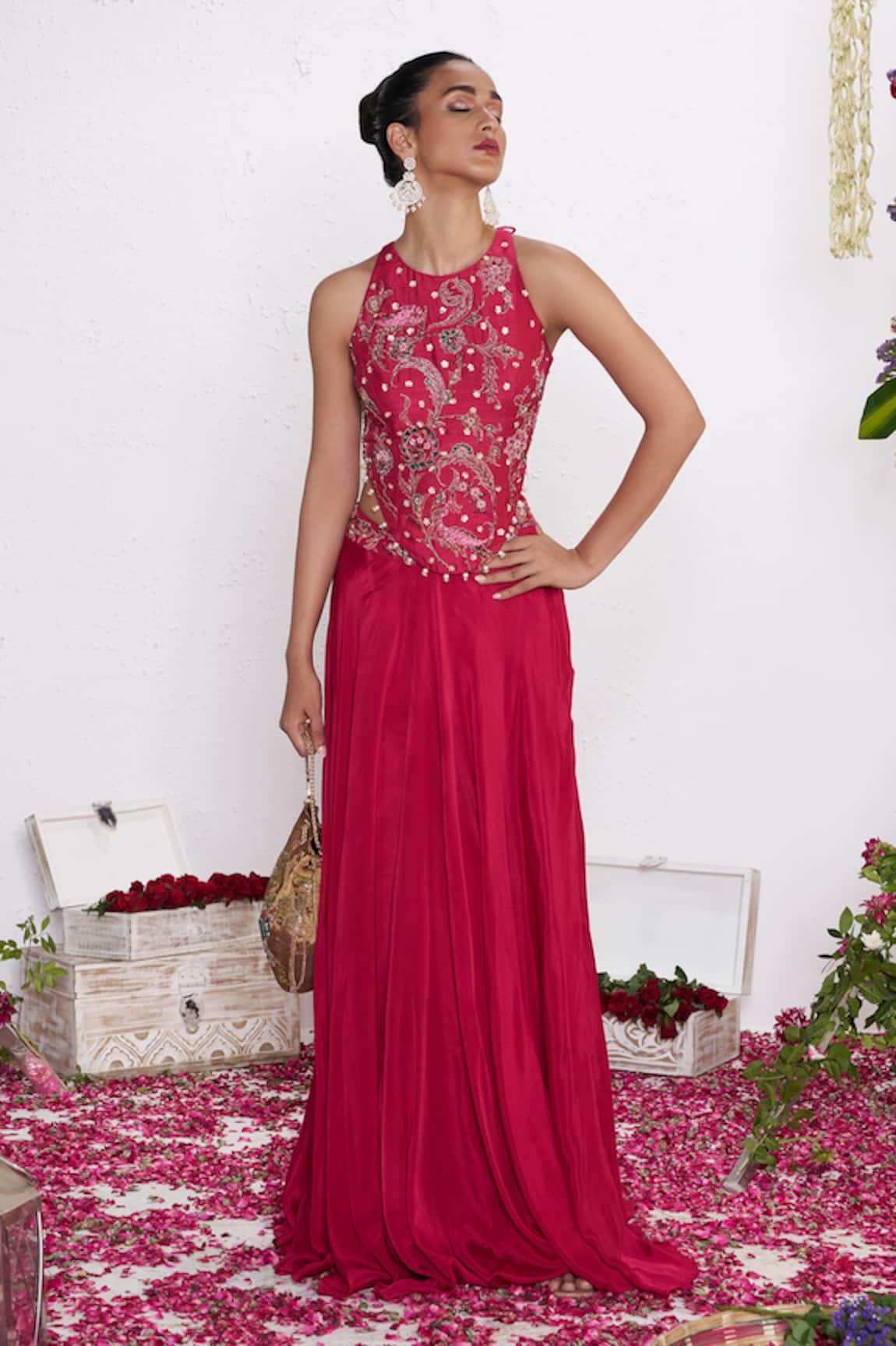 Amrta By Guneet Kondal Pink Hand Embroidered Skirt & Blouse Set 