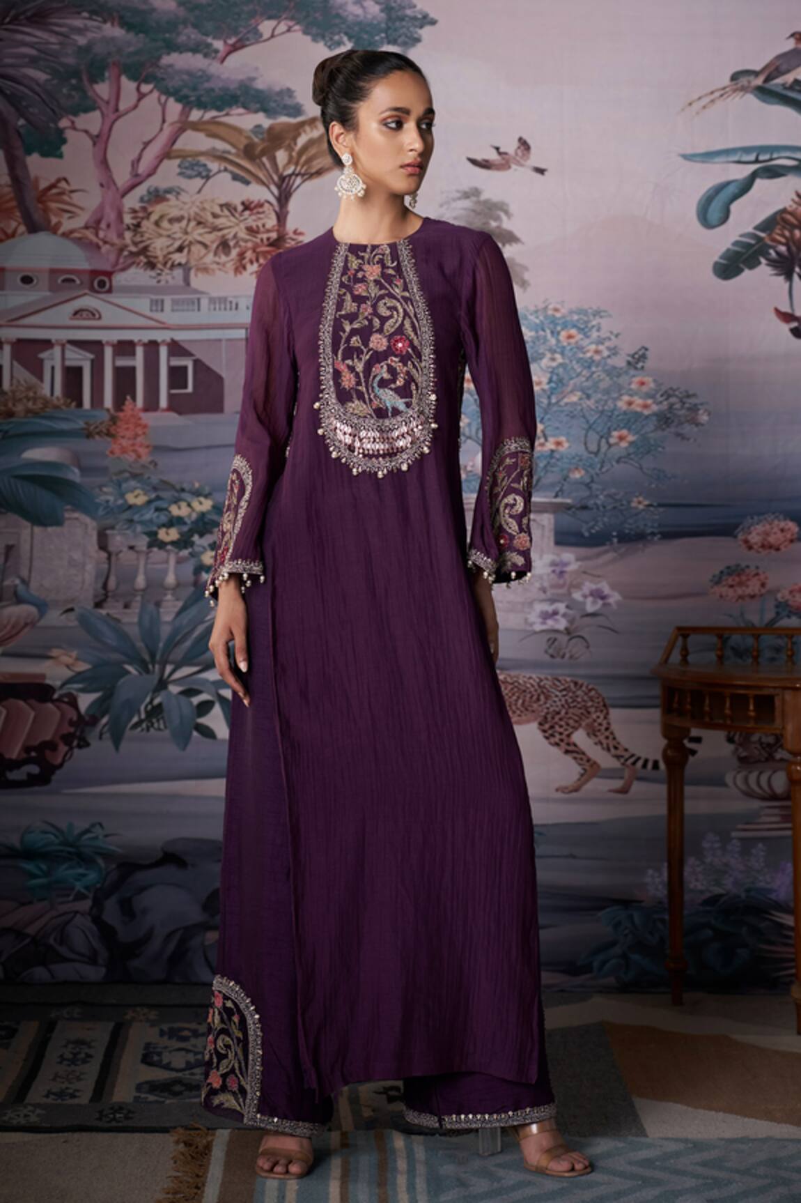 Amrta By Guneet Kondal Purple Chanderi Embroidered Kurta Set 