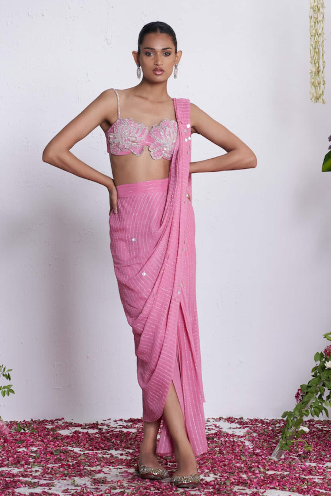 Amrta By Guneet Kondal Pink ADDA WORK Pre-Draped Saree & Corset 