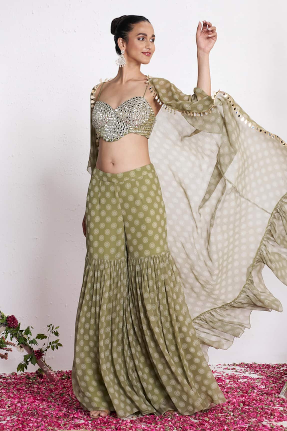 Amrta By Guneet Kondal Mirror Work Cape & Pant Set 