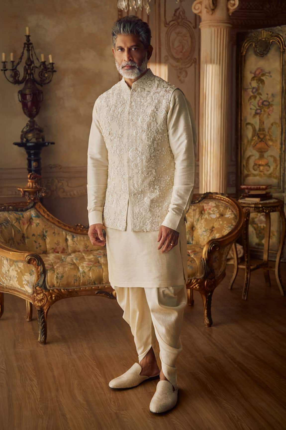 Seema Gujral Champagne Three-Dimensional Bundi Kurta Set 