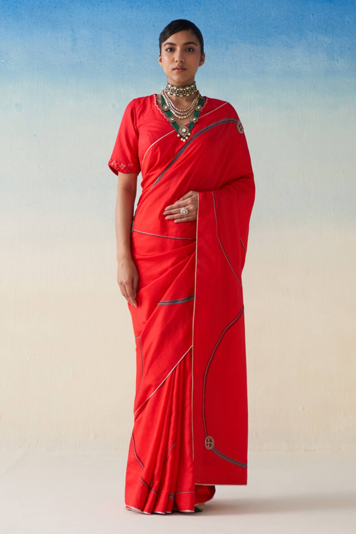 Janki India Red Hand Embroidered Silk Saree
