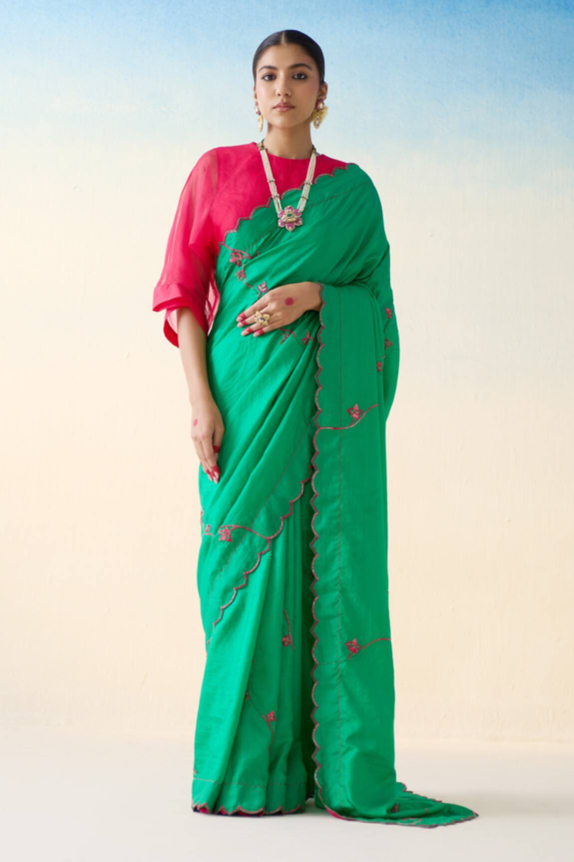 Janki India Green Hand Embroidered Silk Saree 