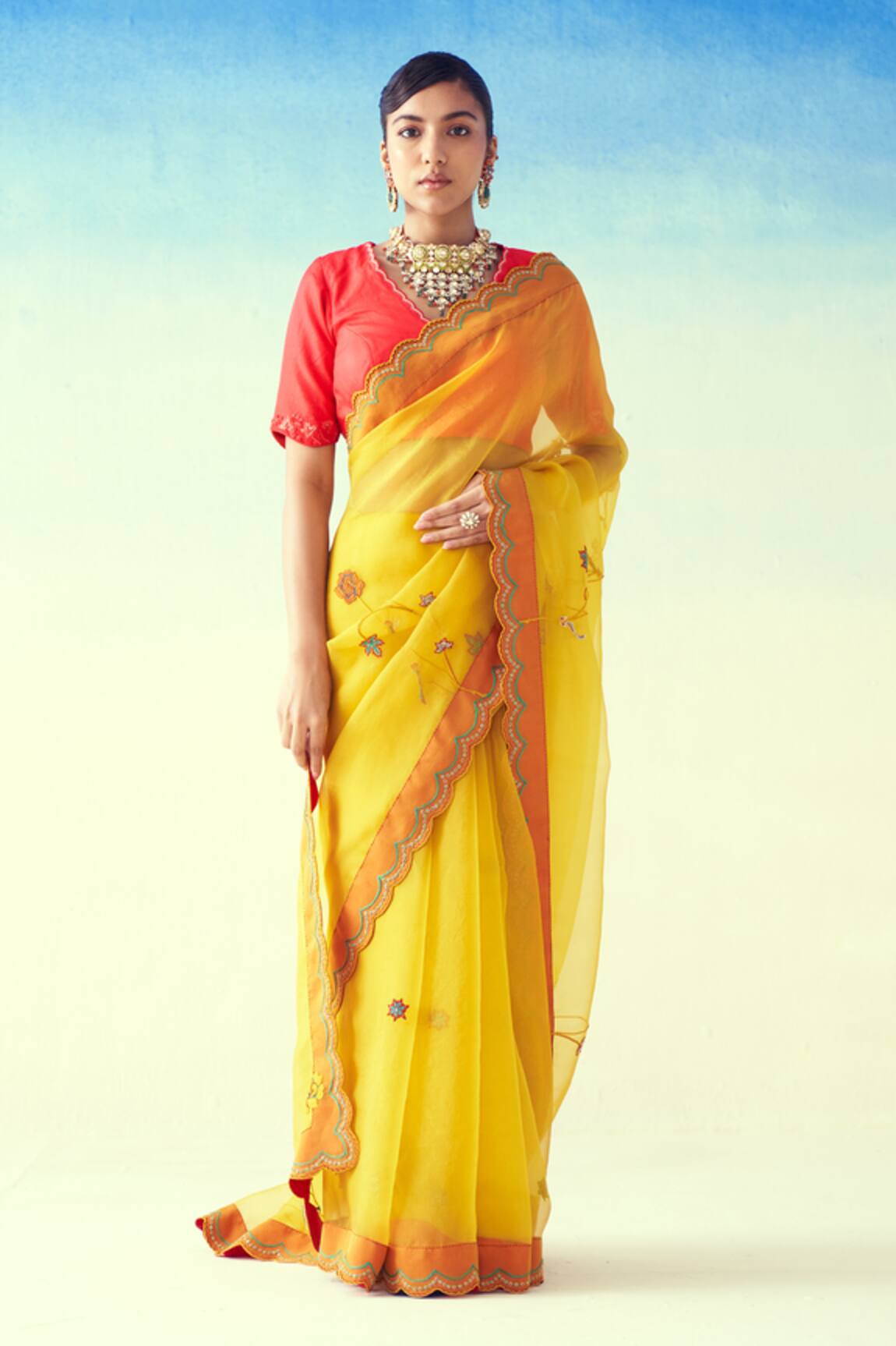 Janki India Yellow Hand Embroidered Saree