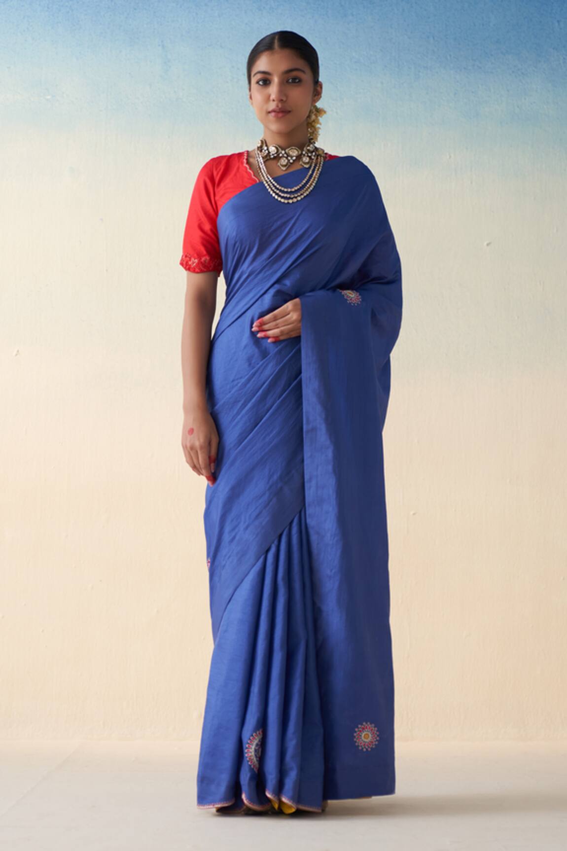 Janki India Blue Hand Embroidered Silk Saree Set