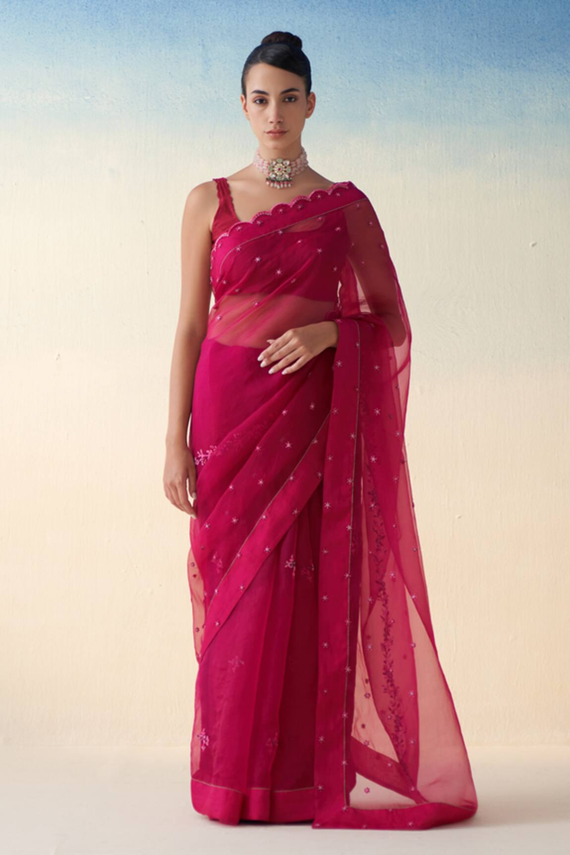 Janki India Wine Hand Embroidered Organza Saree Set 