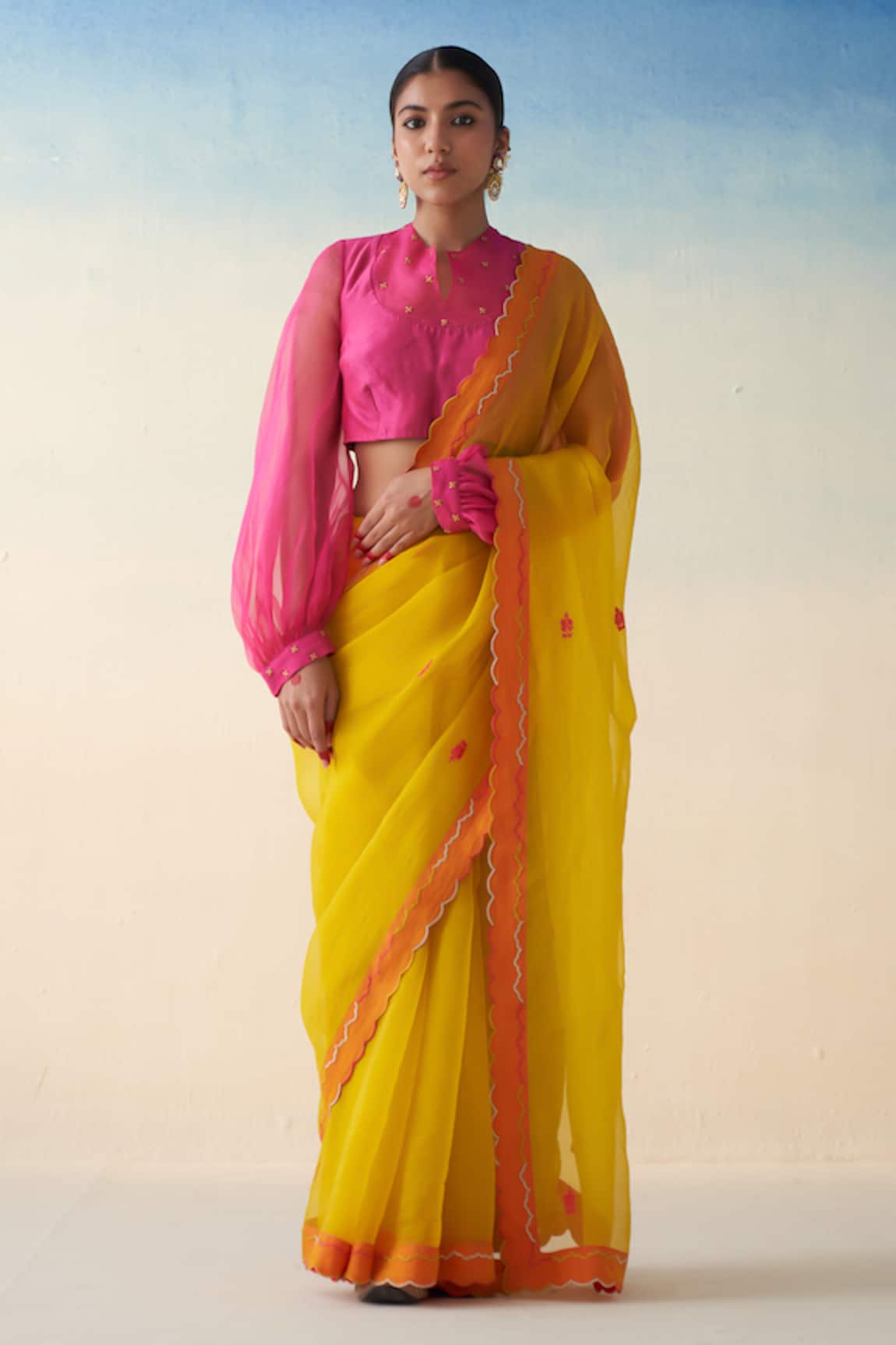 Janki India Yellow Hand Embroidered Organza Saree Set