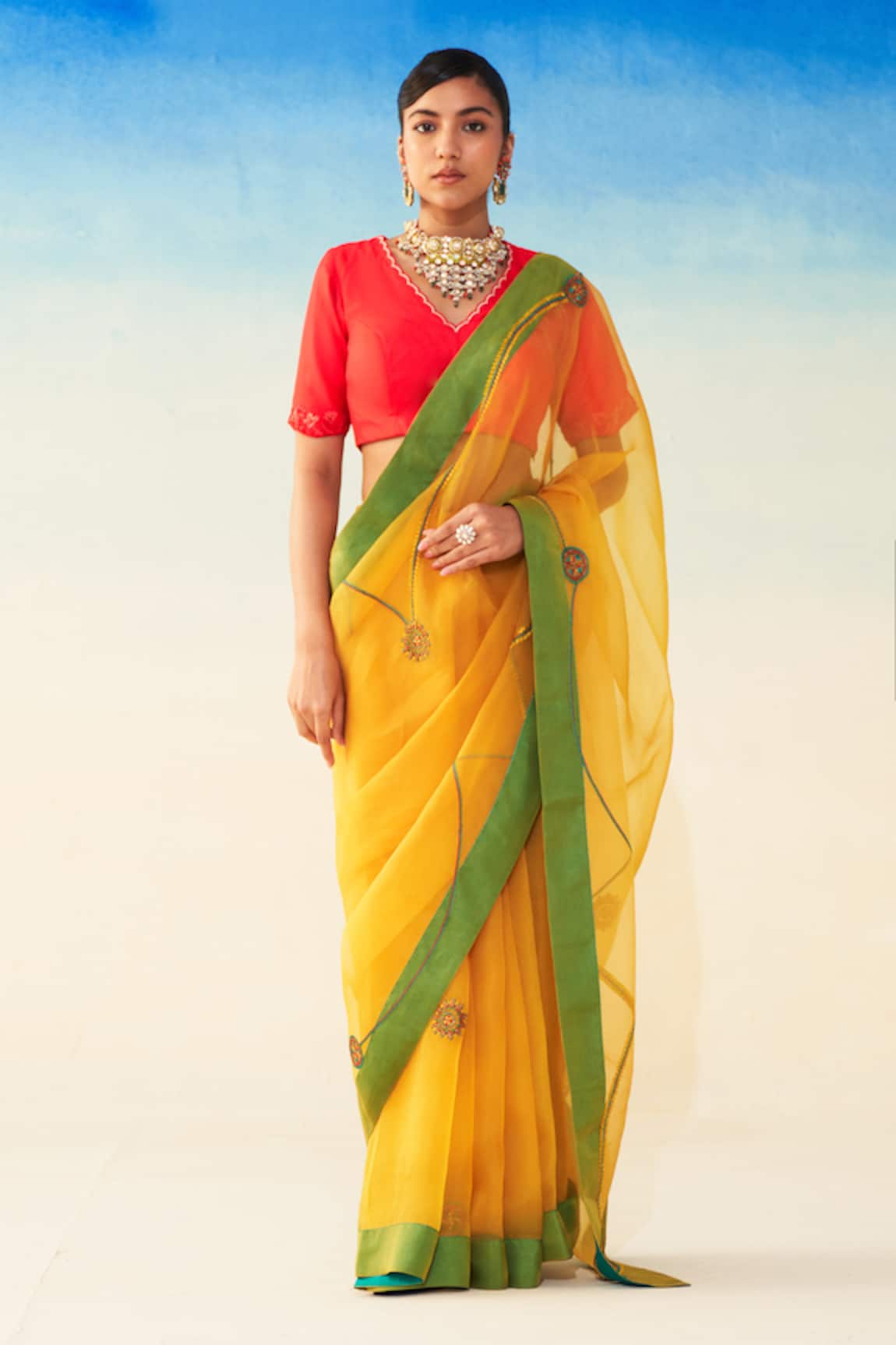 Janki India Yellow Hand Embroidered Organza Saree 