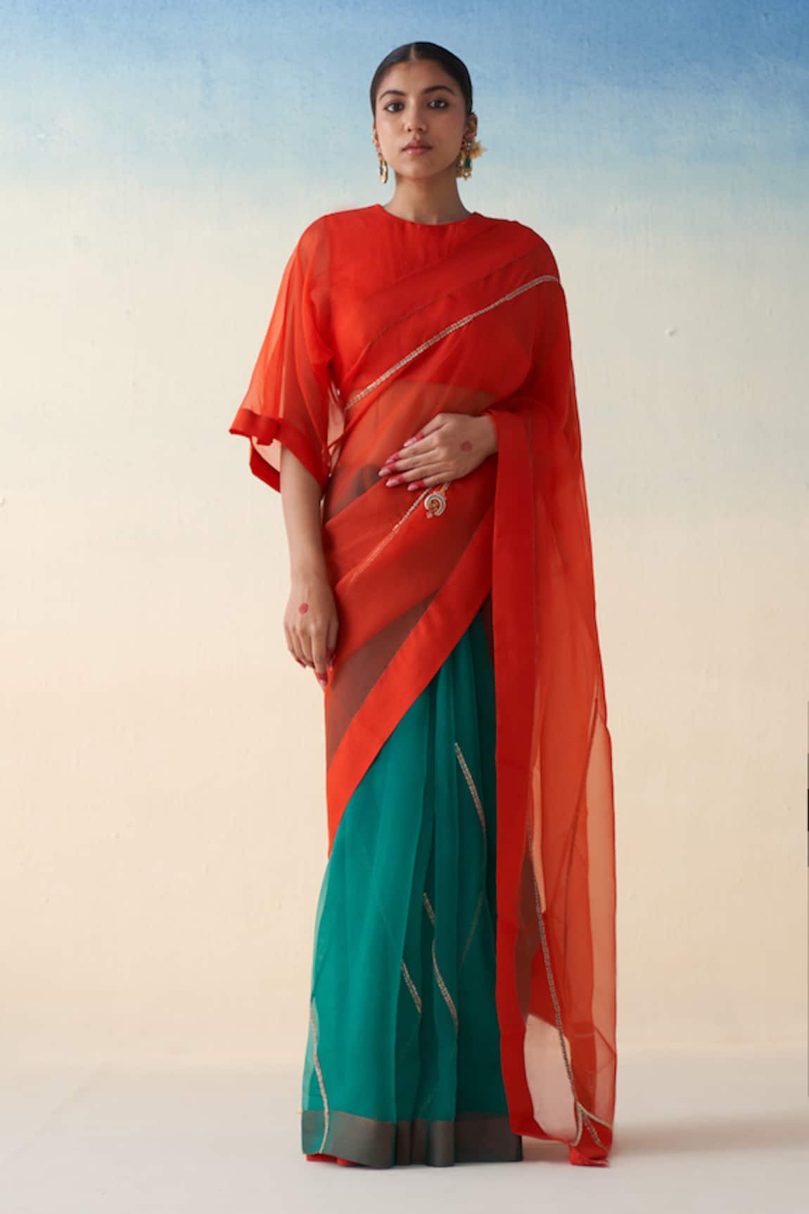Janki India Orange & Green Hand Embroidered Saree Set 